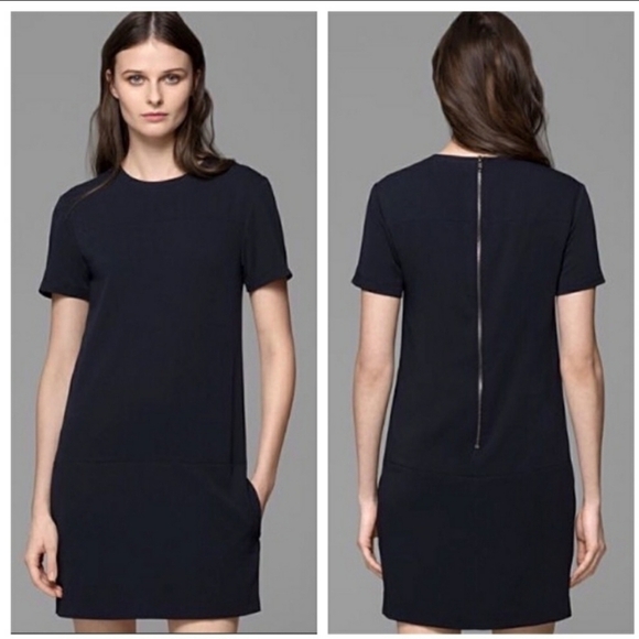 Theory Eliora Shift Dress in Maritime Navy Blue Madera Crepe Short Sleeve 12 - Picture 6 of 13